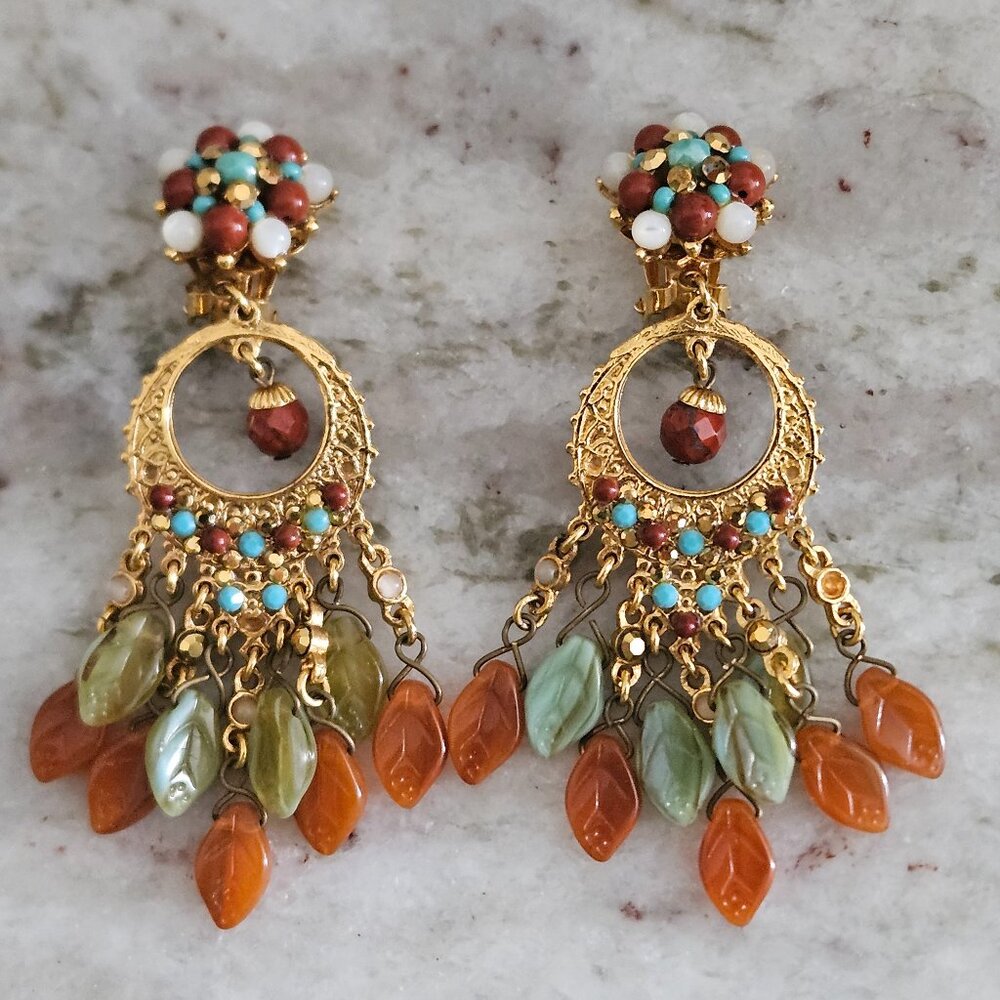 JOSE MARIA BARRERA SUMMER LEAF STONE CRYSTAL DROP DANGLE CHANDELIER EARRINGS